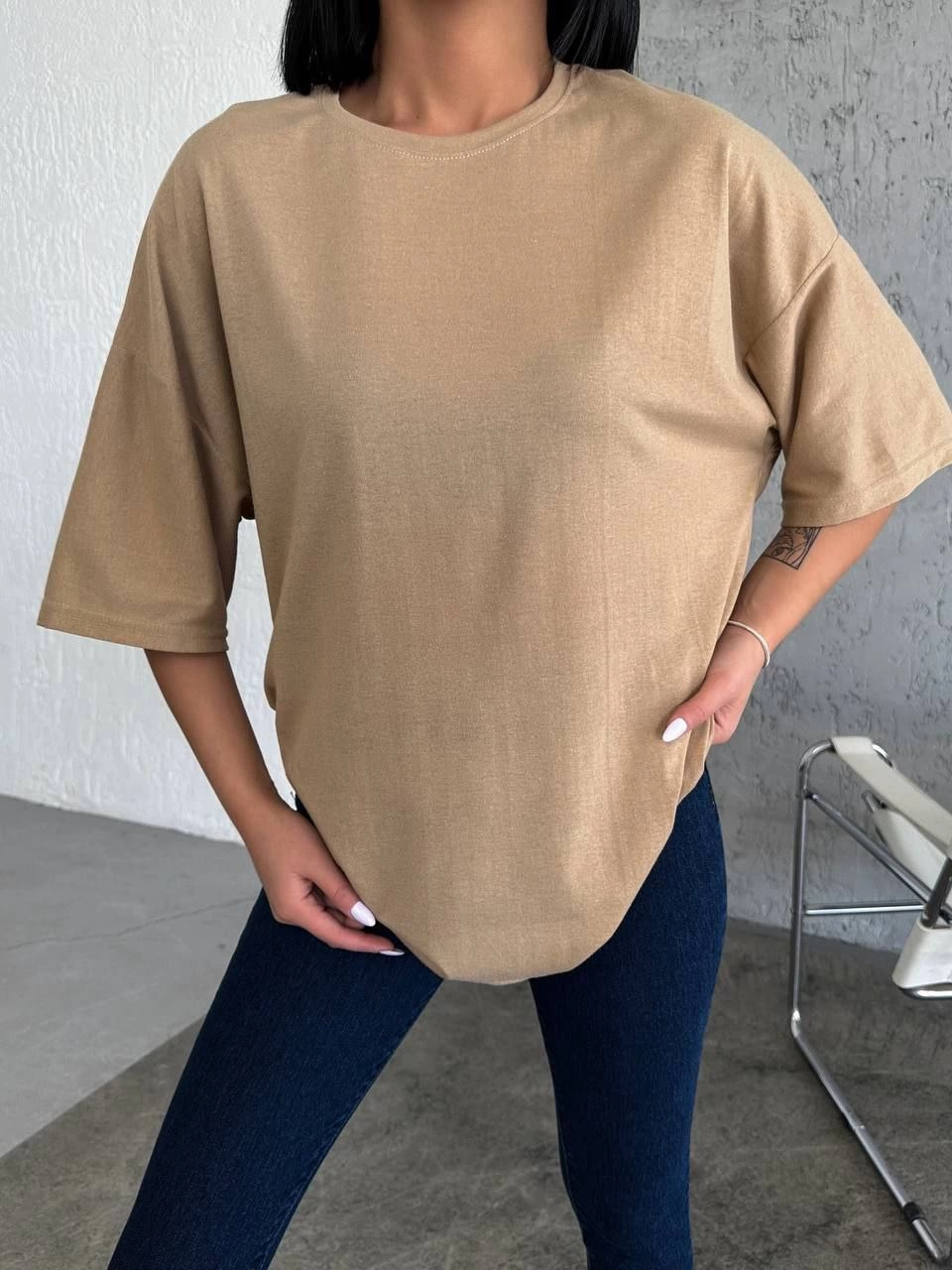 Kadın Düz T-Shirt Kısa Kol Bisiklet Yaka Ovarsize Rahat Kalıp Günlük Tişört - Bej
