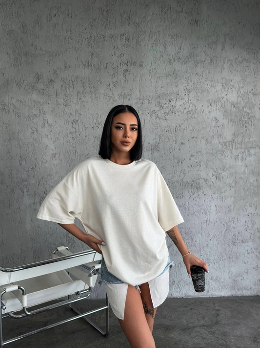 Kadın Düz T-Shirt Kısa Kol Bisiklet Yaka Ovarsize Rahat Kalıp Günlük Tişört - Beyaz