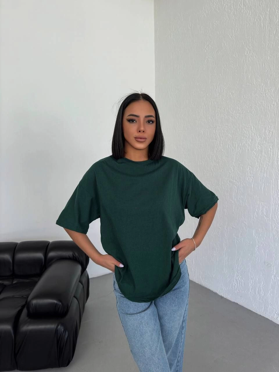 Kadın Düz T-Shirt Kısa Kol Bisiklet Yaka  Ovarsize Rahat Kalıp Günlük Tişört  - Haki