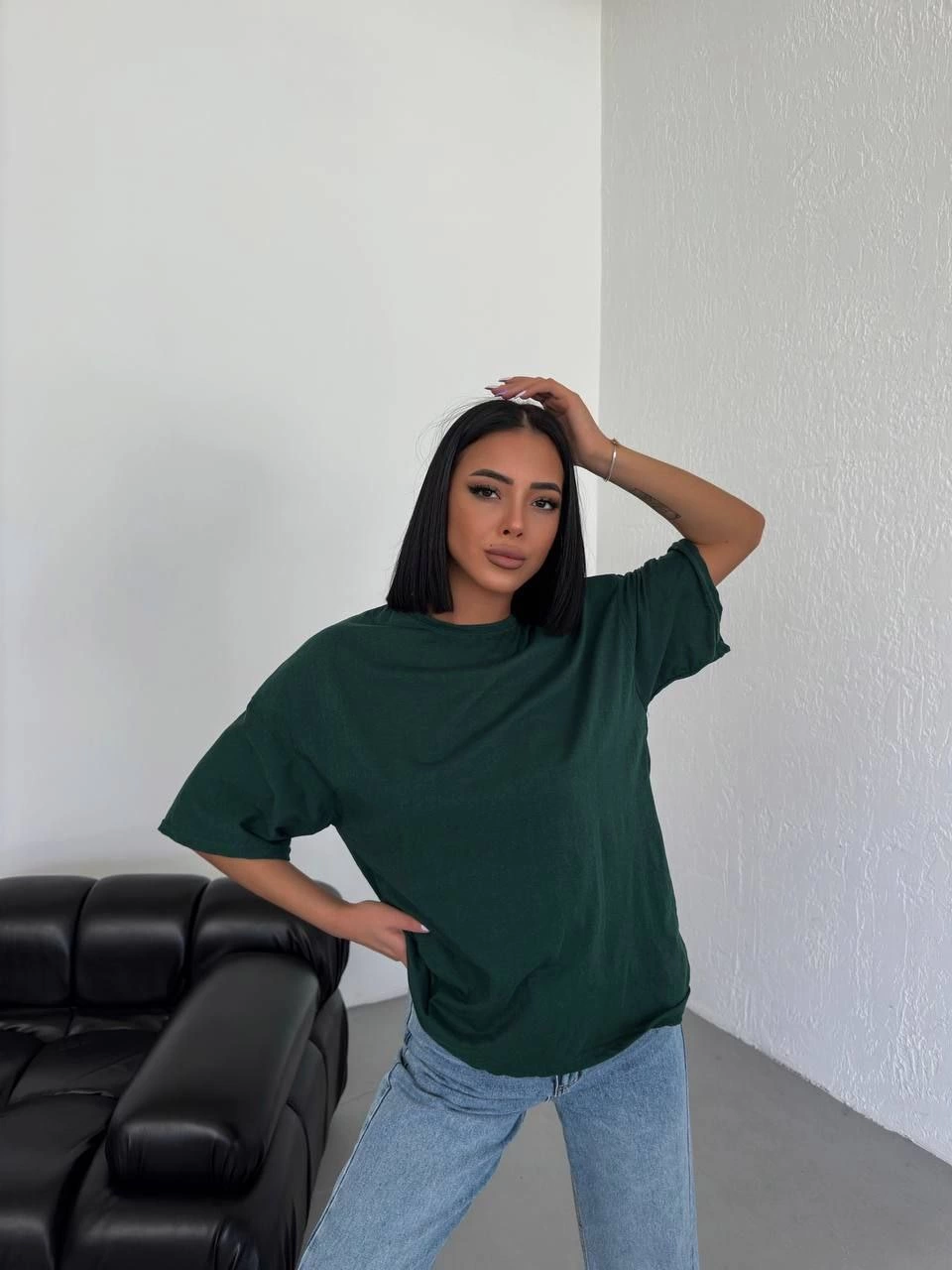 Kadın Düz T-Shirt Kısa Kol Bisiklet Yaka  Ovarsize Rahat Kalıp Günlük Tişört  - Haki