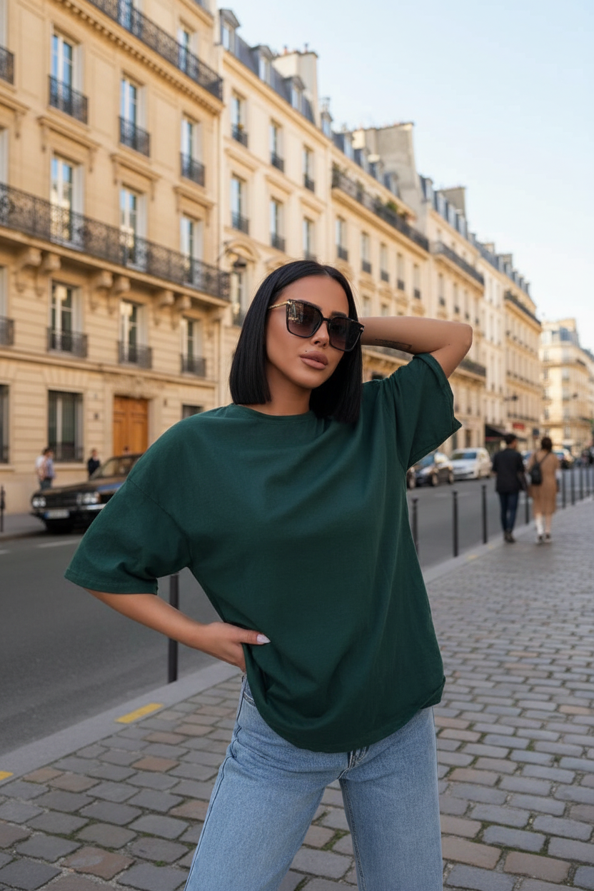 Kadın Düz T-Shirt Kısa Kol Bisiklet Yaka  Ovarsize Rahat Kalıp Günlük Tişört  - Haki