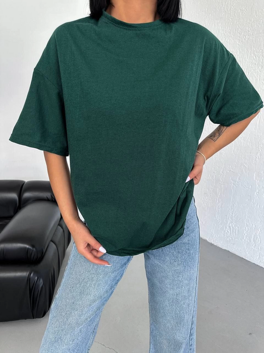 Kadın Düz T-Shirt Kısa Kol Bisiklet Yaka  Ovarsize Rahat Kalıp Günlük Tişört  - Haki