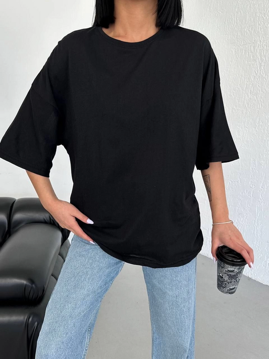 Kadın Düz T-Shirt Kısa Kol Bisiklet Yaka Ovarsize Rahat Kalıp Günlük Tişört - Siyah
