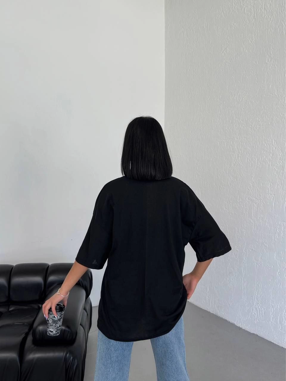 Kadın Düz T-Shirt Kısa Kol Bisiklet Yaka Ovarsize Rahat Kalıp Günlük Tişört - Siyah