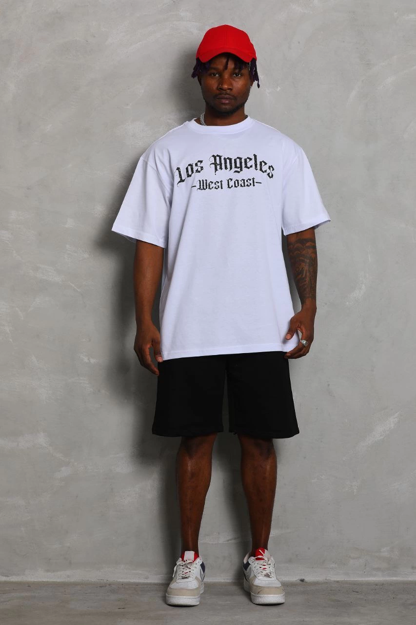 Erkek Baskılı Tişort Kısa Kol Bisiklet Yaka Ovarsize T-Shirt -  Beyaz