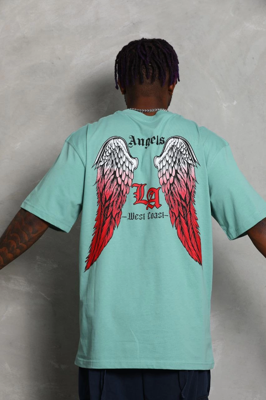 Erkek Baskılı Tişort Kısa Kol Bisiklet Yaka Ovarsize T-Shirt -  Mint Yeşili