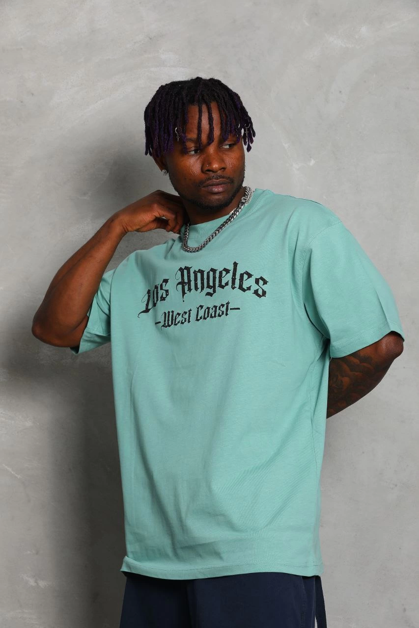 Erkek Baskılı Tişort Kısa Kol Bisiklet Yaka Ovarsize T-Shirt -  Mint Yeşili