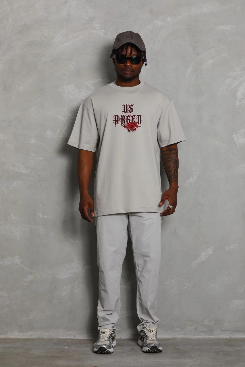 ERKEK Oversize Baskılı Bisiklet Yaka T-Shirt - Gri
