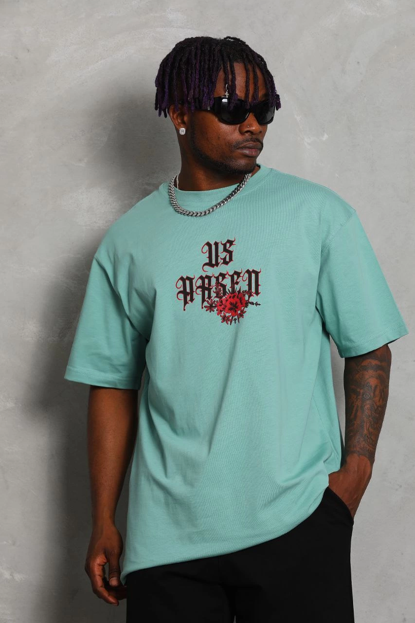 Erkek Baskılı Tişort Kısa Kol Bisiklet Yaka Ovarsize T-Shirt - Mint Yeşili