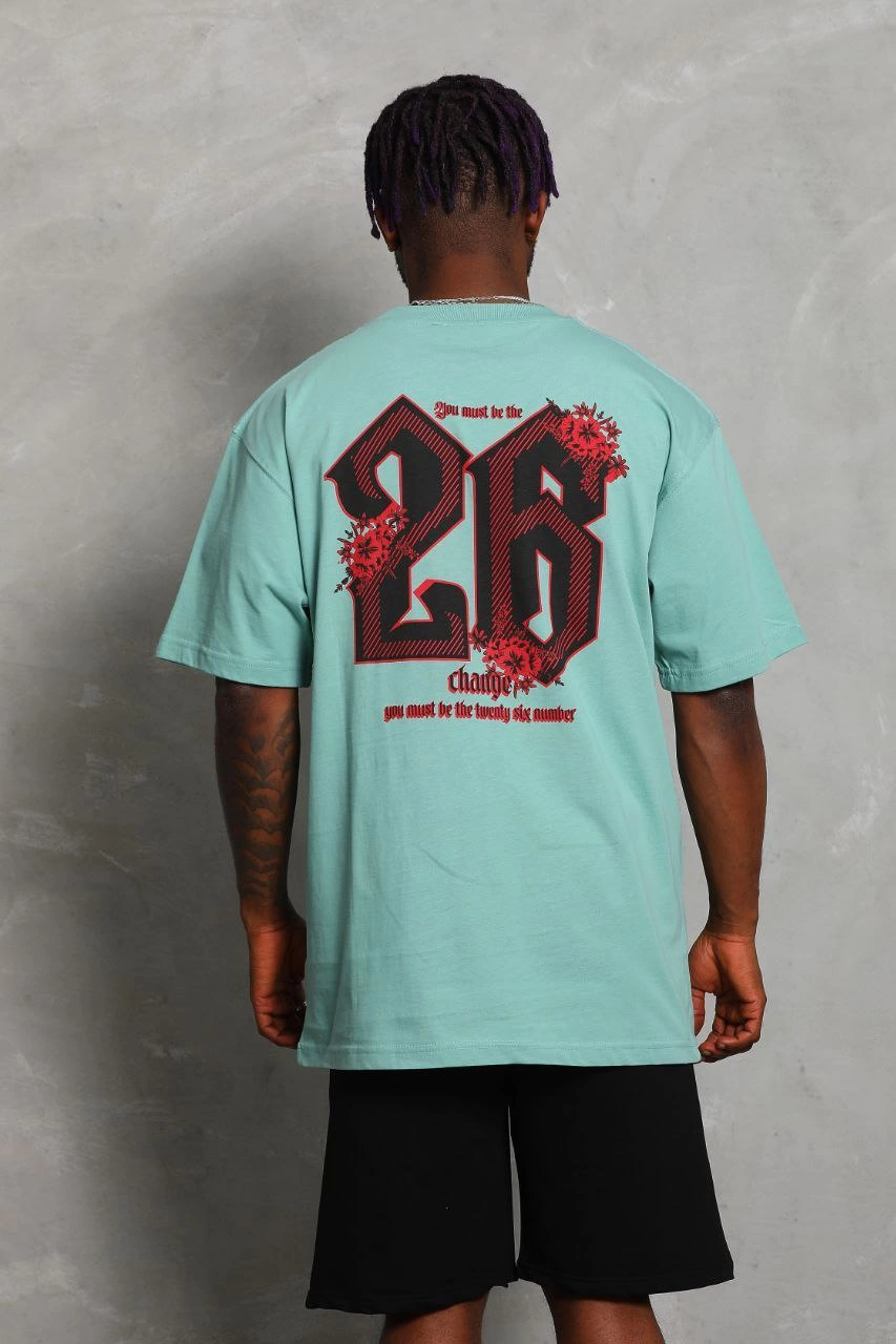 Erkek Baskılı Tişort Kısa Kol Bisiklet Yaka Ovarsize T-Shirt - Mint Yeşili