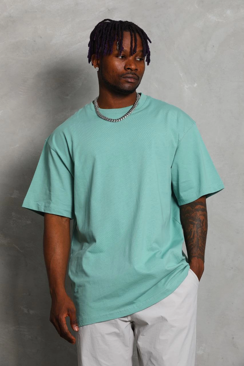 Erkek Düz Yazlık Kısa Kol Tişort Bisiklet Yaka Ovarsize T-Shirt - Mint Yeşili