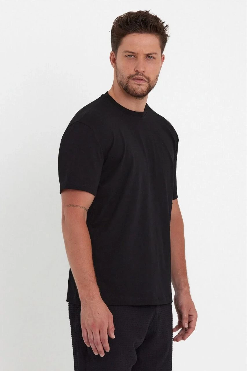 Erkek  Düz A Kalite Pamuklu Penye  T-shirt- Siyah