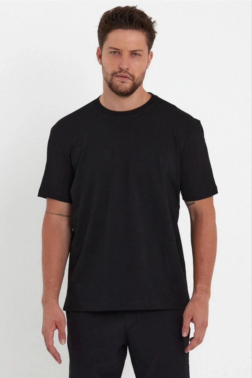 Erkek  Düz A Kalite Pamuklu Penye  T-shirt- Siyah