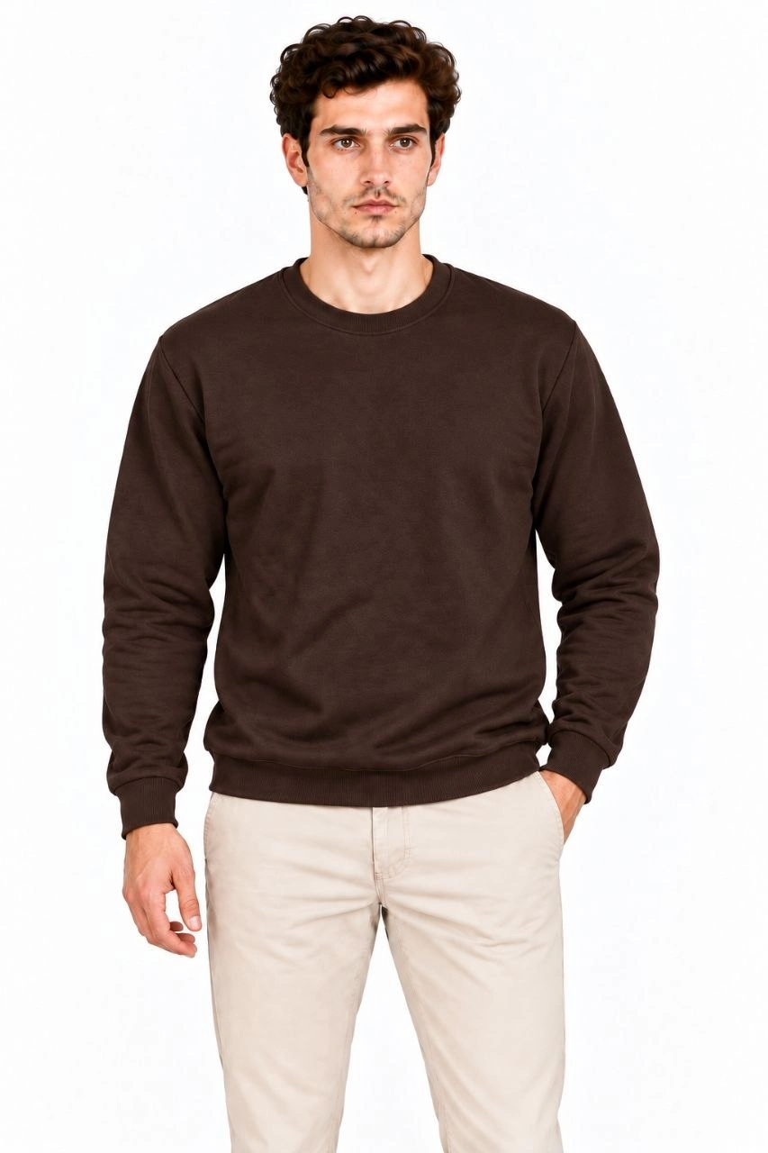 Erkek 2'Li Bisiklet Yaka İçi Şardonlu 2 İplik Düz Uzun Kollu Regular Fit Sweatshirt -Bordo & Kahverengi