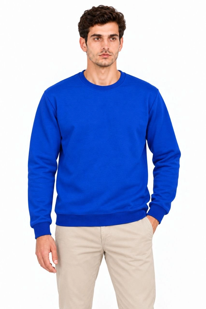 Erkek 2'Li Bisiklet Yaka İçi Şardonlu 2 İplik Düz Uzun Kollu Regular Fit Sweatshirt - Mavi & Kırmızı