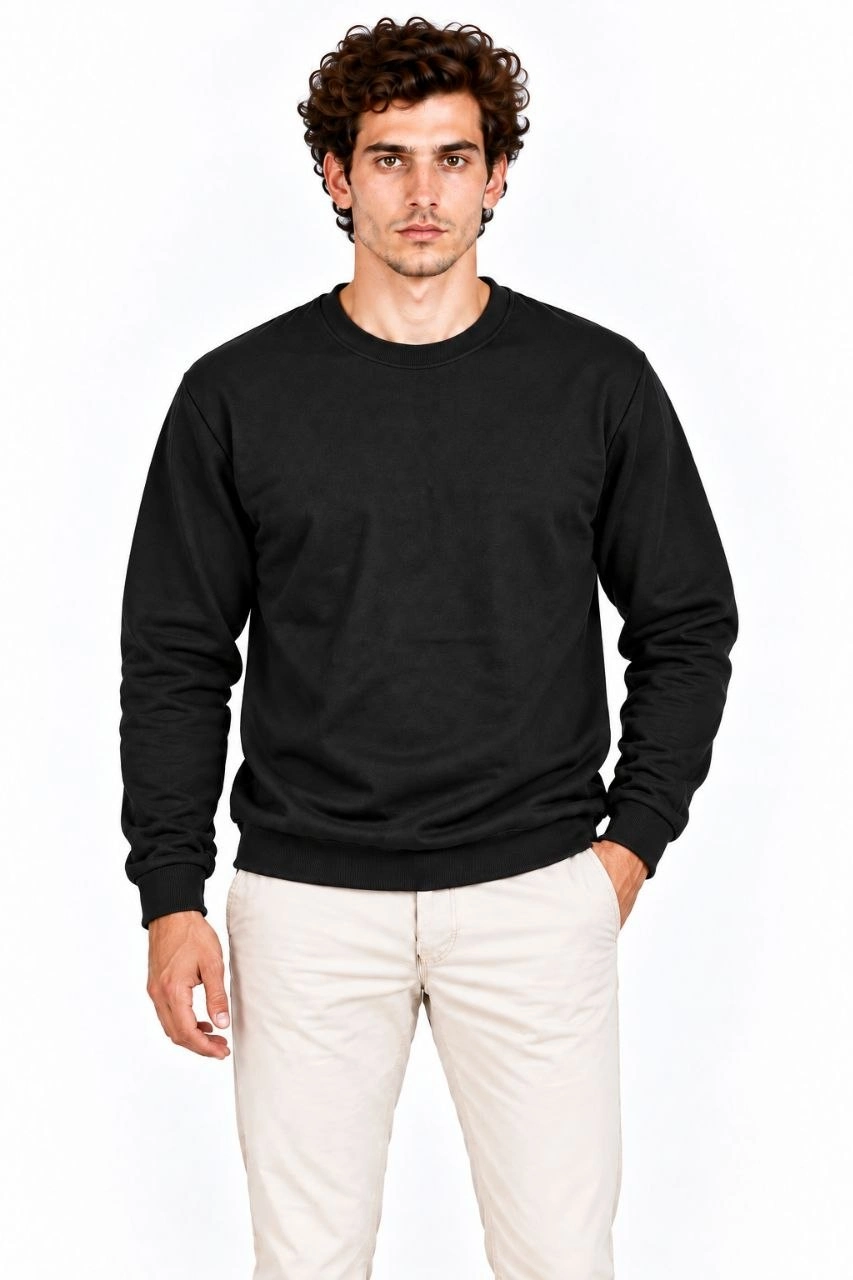 Erkek 2'Li Bisiklet Yaka İçi Şardonlu 2 İplik Düz Uzun Kollu Regular Fit Sweatshirt - Siyah & Gri