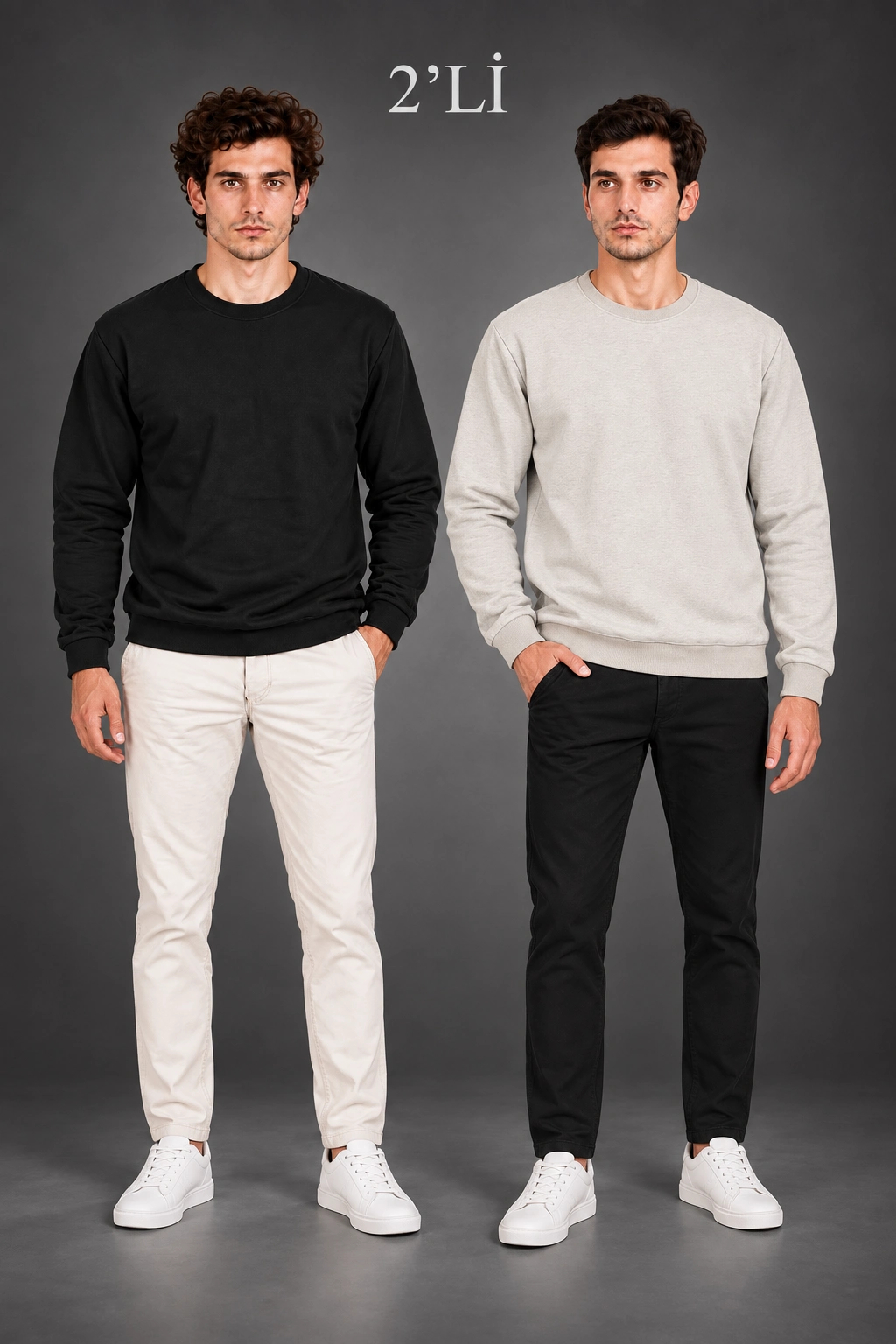Erkek 2'Li Bisiklet Yaka İçi Şardonlu 2 İplik Düz Uzun Kollu Regular Fit Sweatshirt - Siyah & Gri