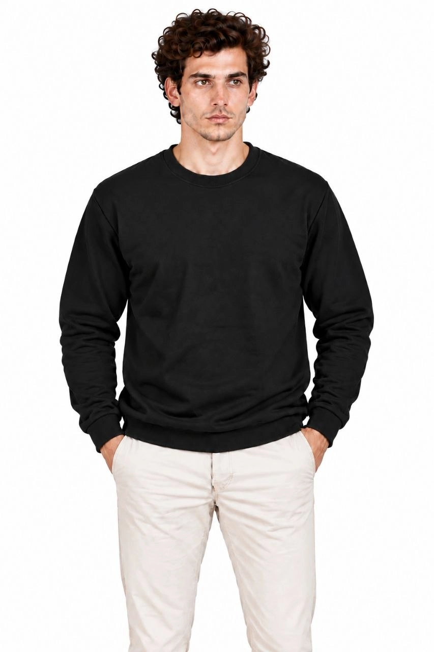 Erkek 2'Li Bisiklet Yaka İçi Şardonlu 2 İplik Düz Uzun Kollu Regular Fit Sweatshirt - Siyah & Gri