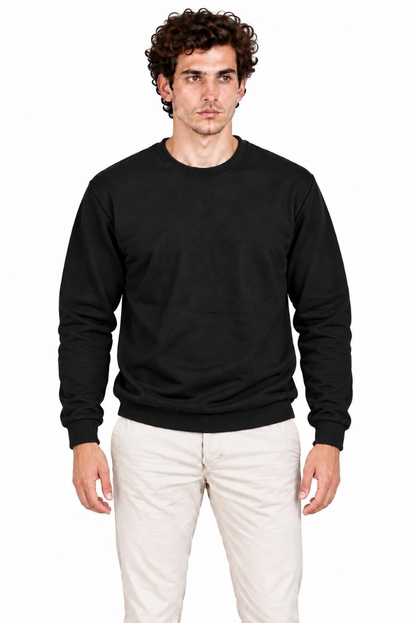 Erkek 2'Li Bisiklet Yaka İçi Şardonlu 2 İplik Düz Uzun Kollu Regular Fit Sweatshirt - Siyah & Haki