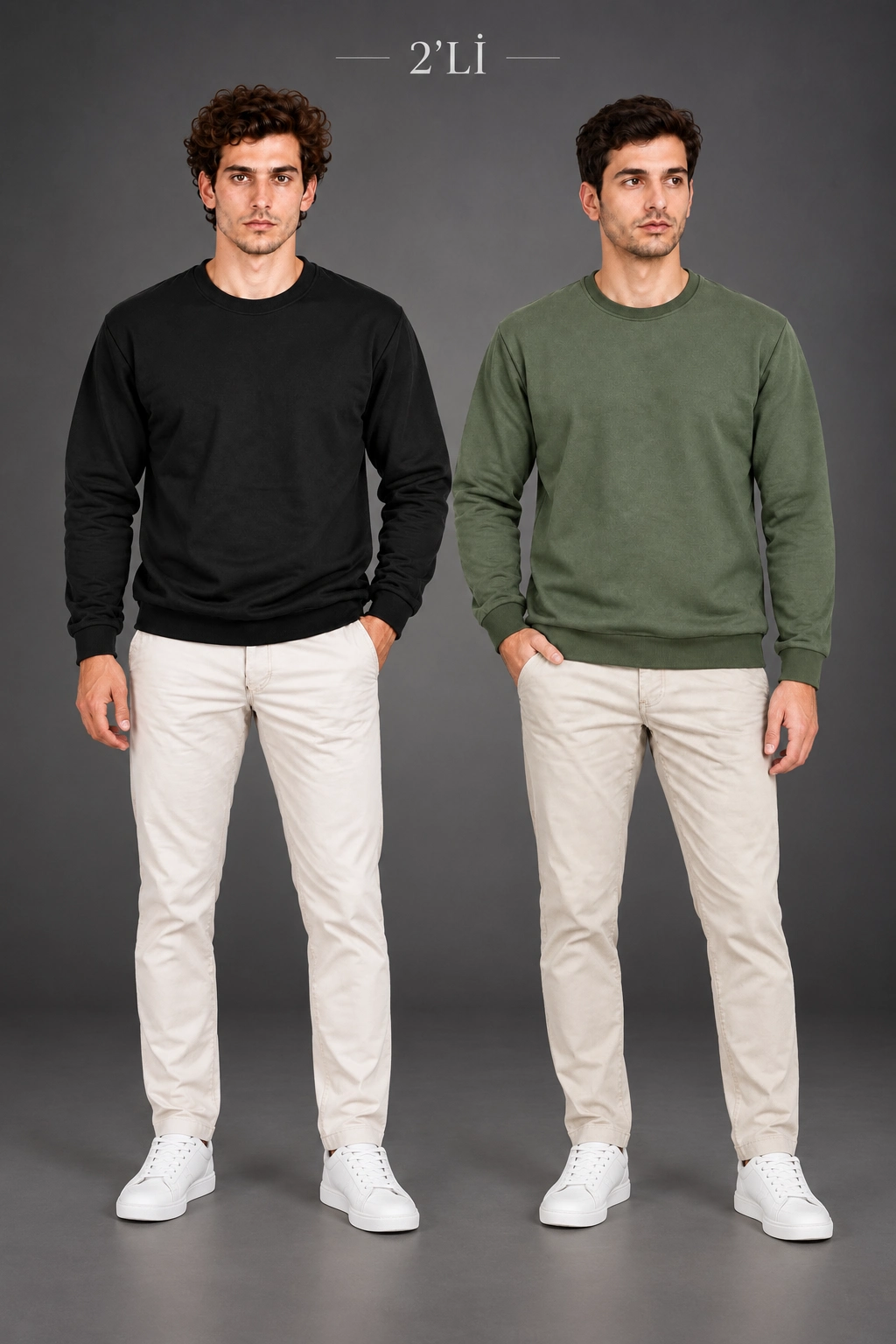 Erkek 2'Li Bisiklet Yaka İçi Şardonlu 2 İplik Düz Uzun Kollu Regular Fit Sweatshirt - Siyah & Haki