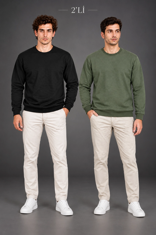 Erkek 2'Li Bisiklet Yaka İçi Şardonlu 2 İplik Düz Uzun Kollu Regular Fit Sweatshirt - Siyah & Haki