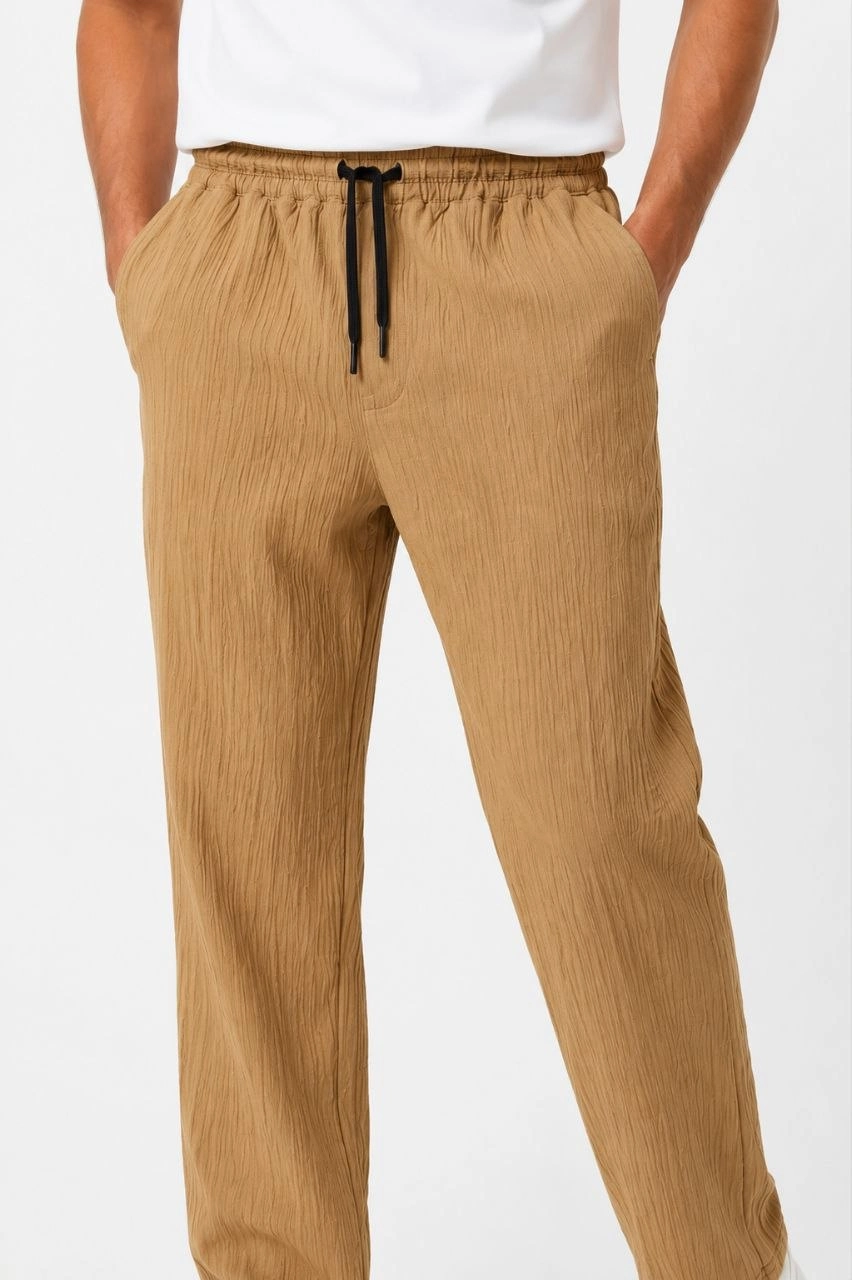 Erkek 2'li Bürümcük Kumaş Beli Lastikli Bağcıklı Bol Paça Pantolon - Beyaz/Vizon