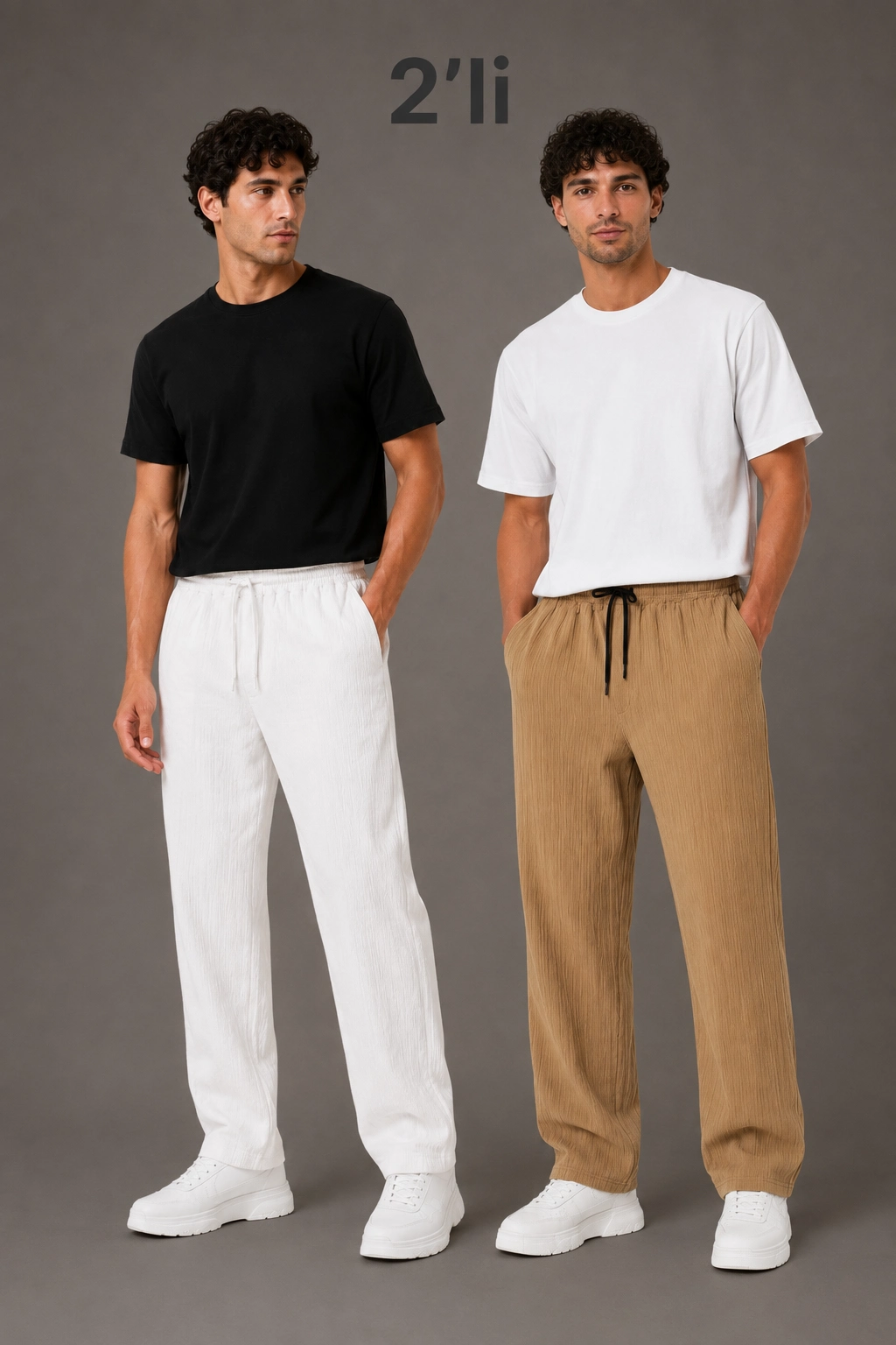 Erkek 2'li Bürümcük Kumaş Beli Lastikli Bağcıklı Bol Paça Pantolon - Beyaz/Vizon