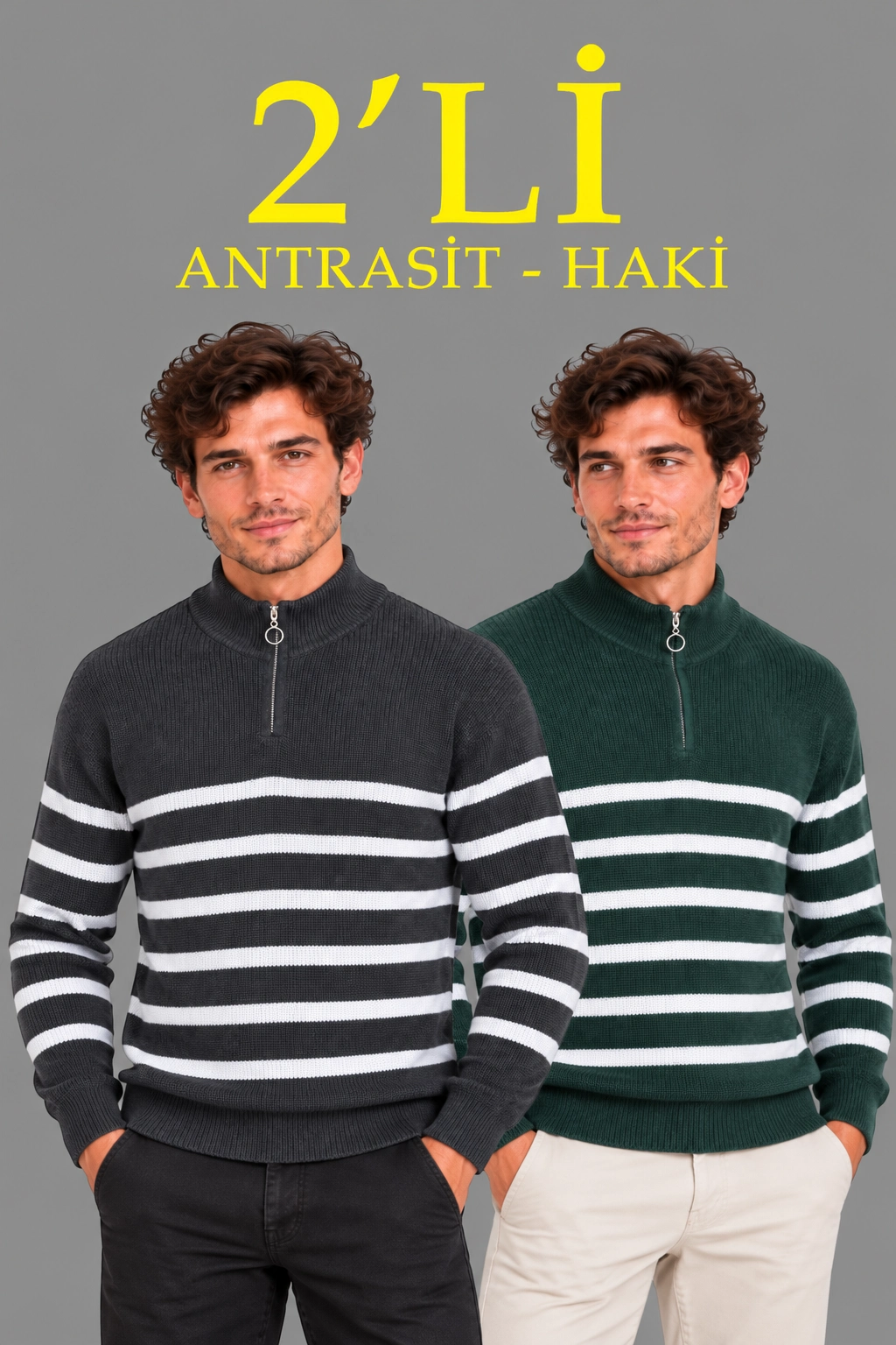 Erkek 2'Li Dik Yaka Yarım Fermuarlı Çizgili Selanik Örgü Triko Kazak - Antrasit & Haki