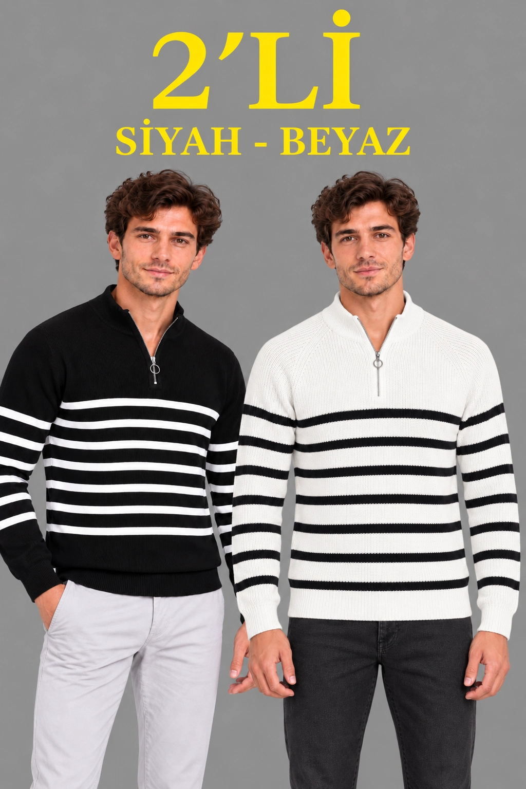 Erkek 2'Li Dik Yaka Yarım Fermuarlı Çizgili Selanik Örgü Triko Kazak - Siyah & Beyaz