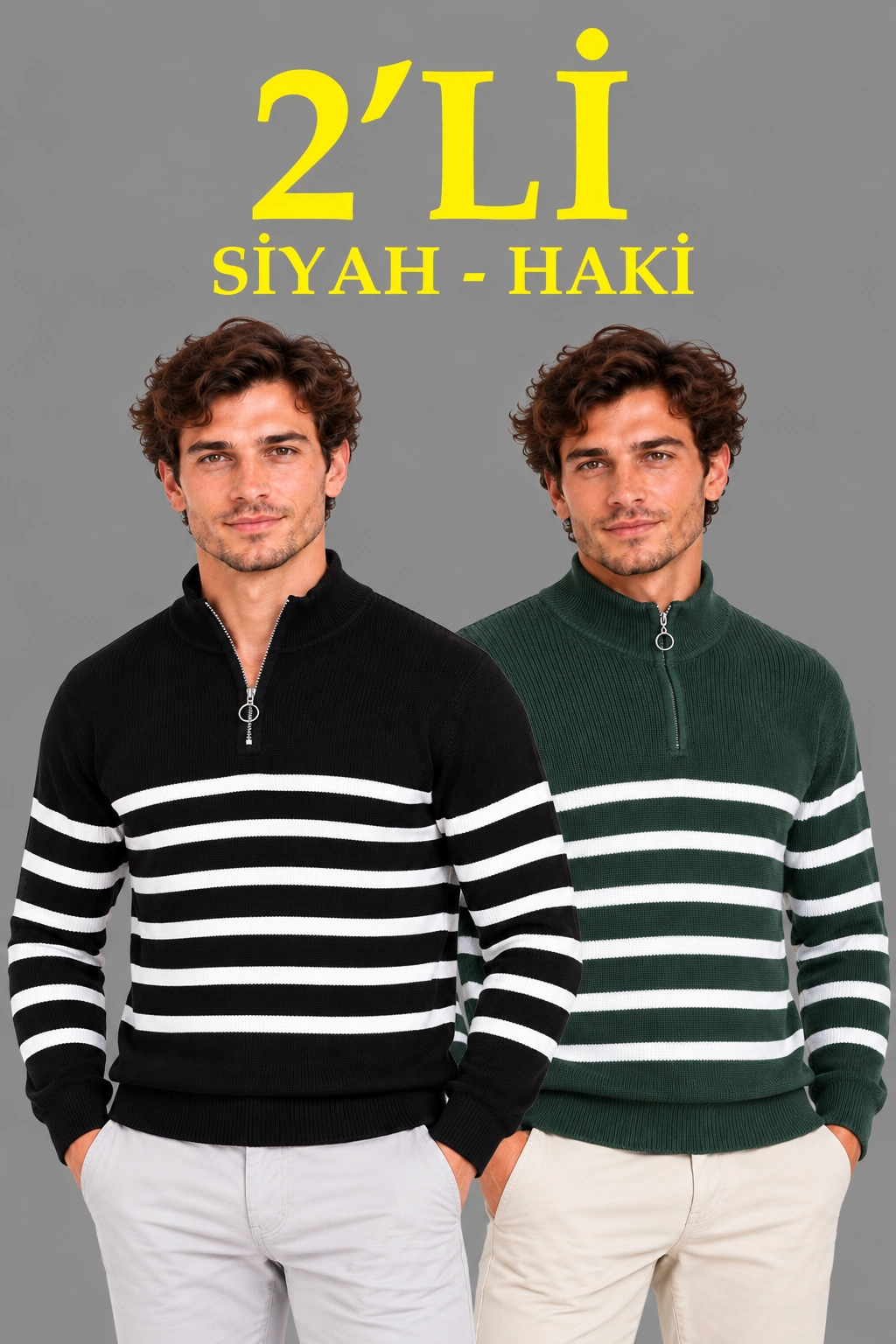 Erkek 2'Li Dik Yaka Yarım Fermuarlı Çizgili Selanik Örgü Triko Kazak - Siyah & Haki