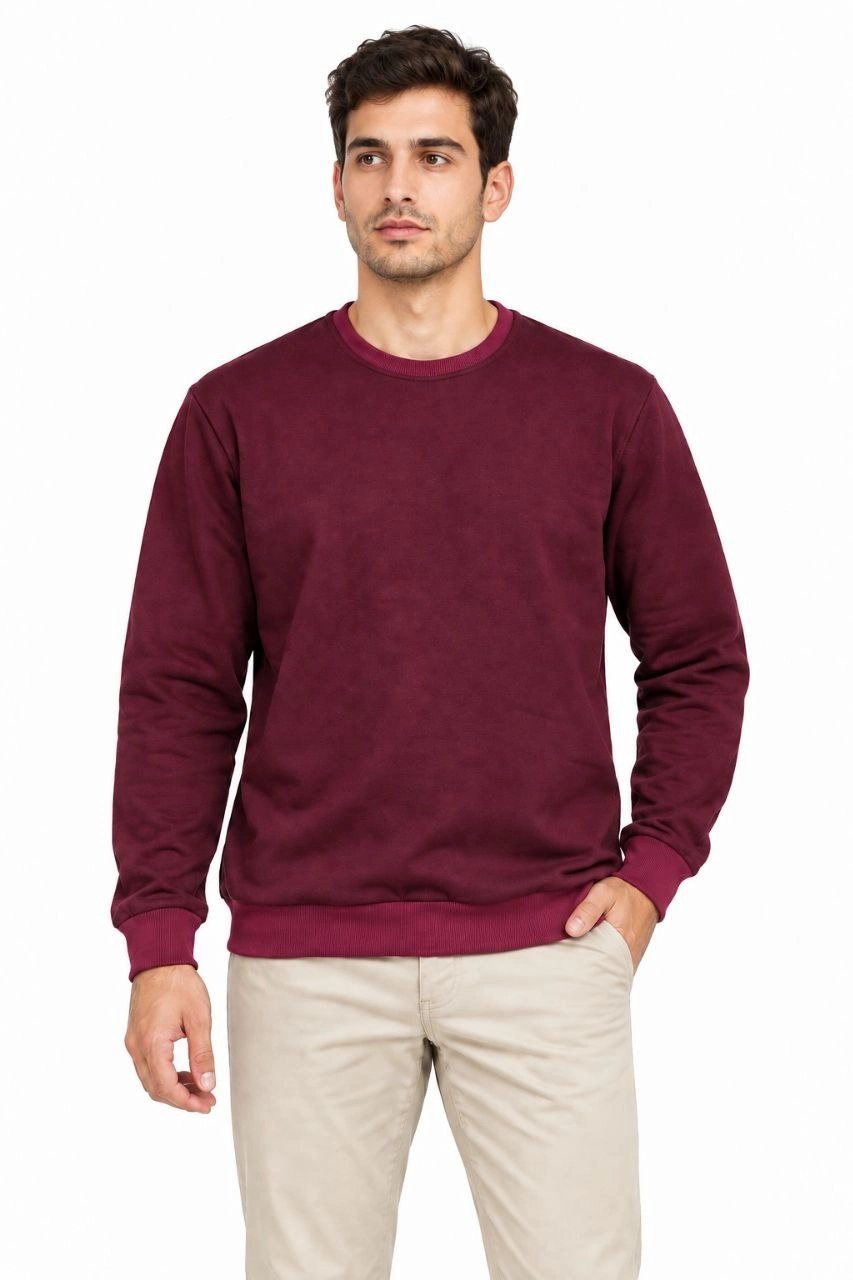 Erkek 3'Lü Bisiklet Yaka İçi Şardonlu 2 İplik Düz Uzun Kollu Regular Fit Sweatshirt -Bordo - Gri - Kırmızı