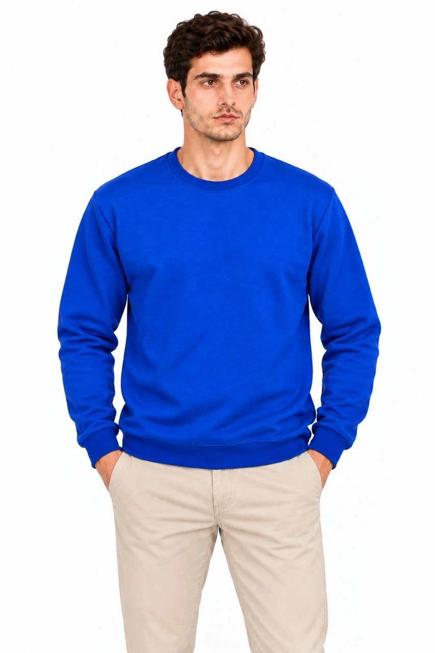 Erkek 3'Lü Bisiklet Yaka İçi Şardonlu 2 İplik Düz Uzun Kollu Regular Fit Sweatshirt -Mavi - Gri - Siyah