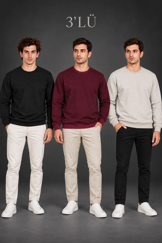 Erkek 3'Lü Bisiklet Yaka İçi Şardonlu 2 İplik Düz Uzun Kollu Regular Fit Sweatshirt - Siyah - Bordo - Gri