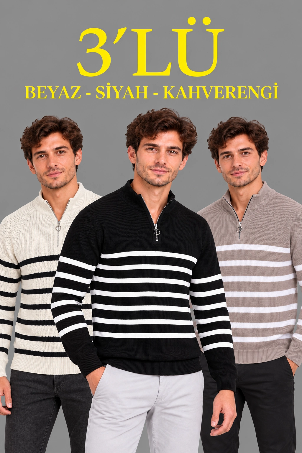 Erkek 3'Lü Dik Yaka Yarım Fermuarlı Çizgili Selanik Örgü Triko Kazak - Beyaz & Siyah & Kahverengi