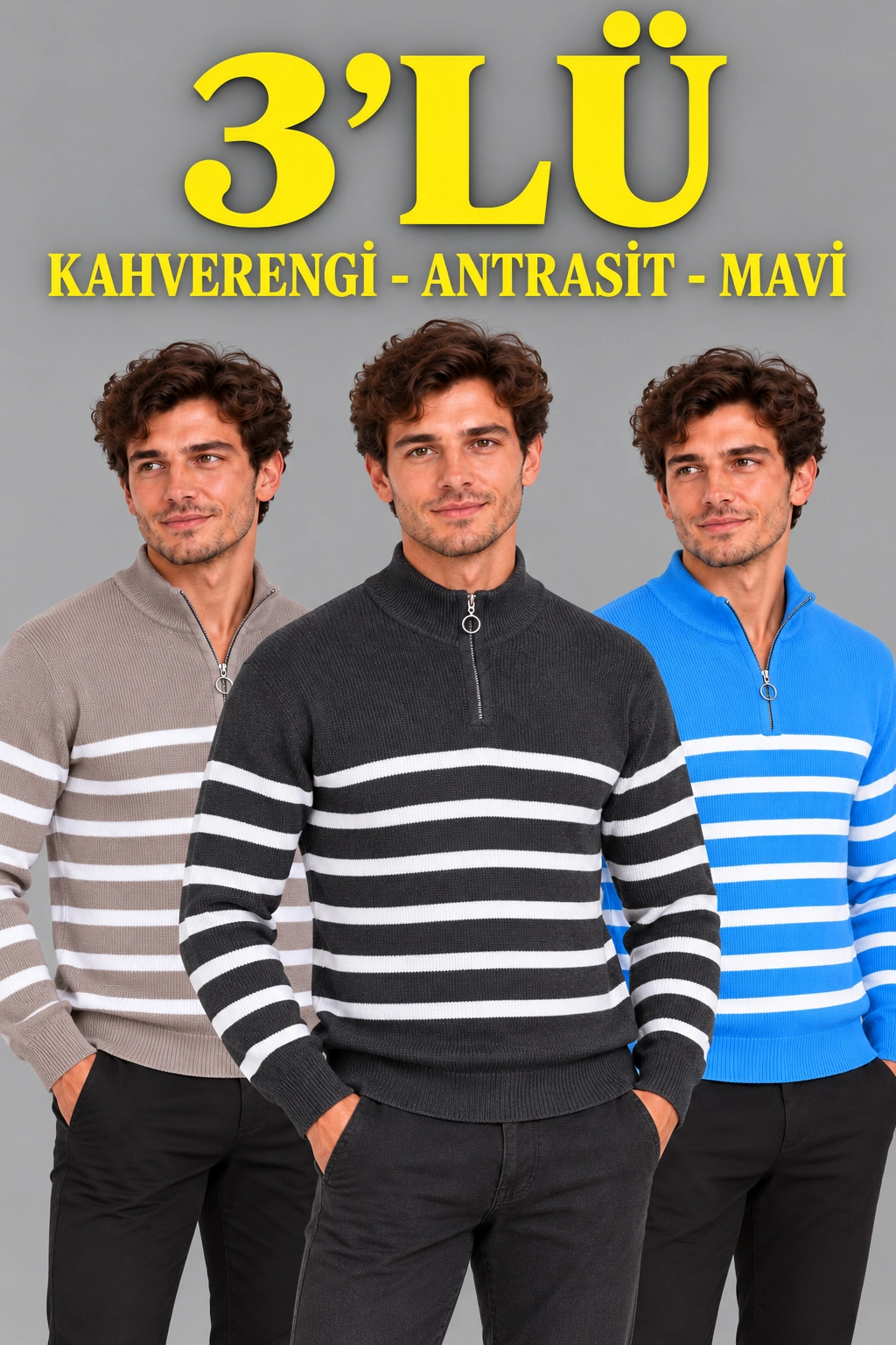 Erkek 3'Lü Dik Yaka Yarım Fermuarlı Çizgili Selanik Örgü Triko Kazak - Kahverengi & Antrasit & Mavi