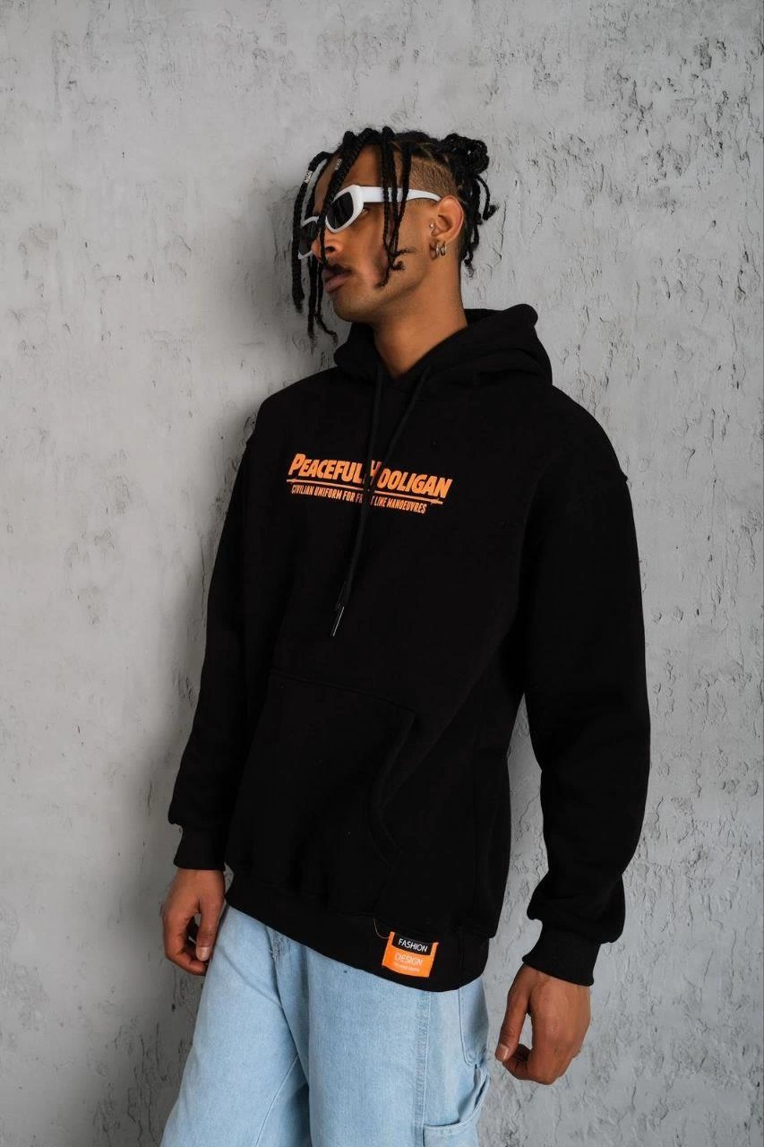 Erkek Armalı Baskılı Kapüşonlu  üç iplik pamuklu Sweatshirt - Siyah