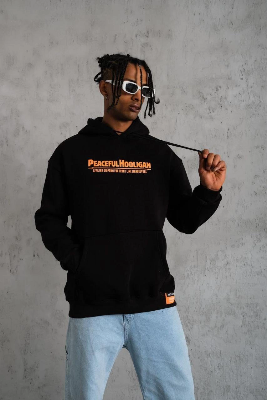 Erkek Armalı Baskılı Kapüşonlu  üç iplik pamuklu Sweatshirt - Siyah