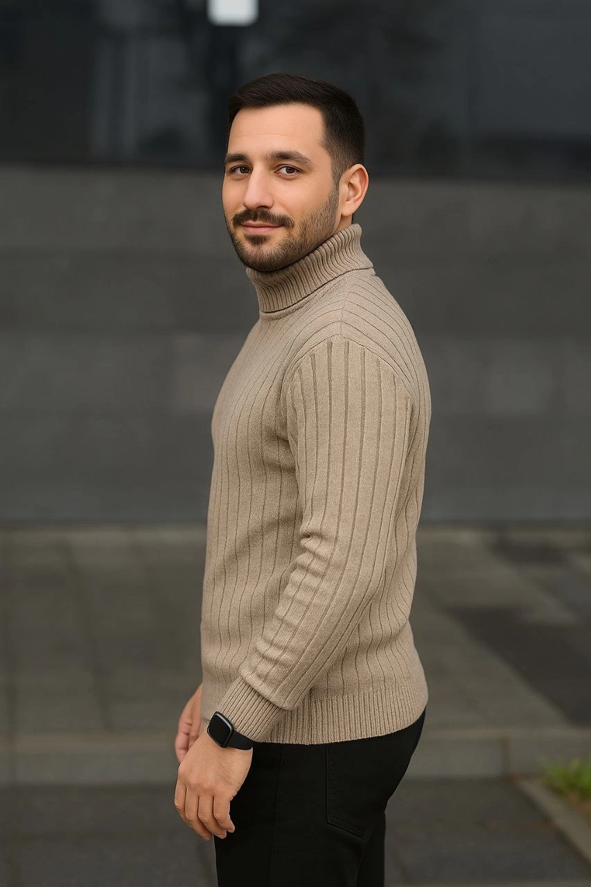 Erkek Balıkcı Yaka Bağazlı Triko Kazak Pamuklu Kalın Fitilli Dokuma Regular Fit Uzun - Bej
