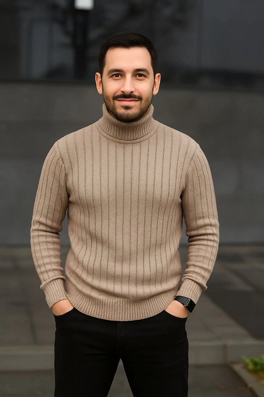 Erkek Balıkcı Yaka Bağazlı Triko Kazak Pamuklu Kalın Fitilli Dokuma Regular Fit Uzun - Bej