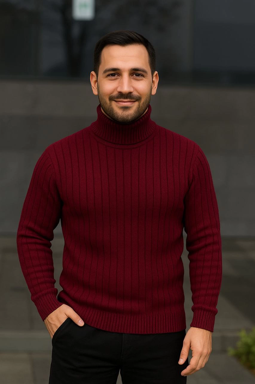 Erkek Balıkcı Yaka Bağazlı Triko Kazak Pamuklu Kalın Fitilli Dokuma Regular Fit - Bordo