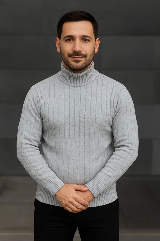 Erkek Balıkcı Yaka Bağazlı Triko Kazak Pamuklu Kalın Fitilli Dokuma Regular Fit Uzun - Gri