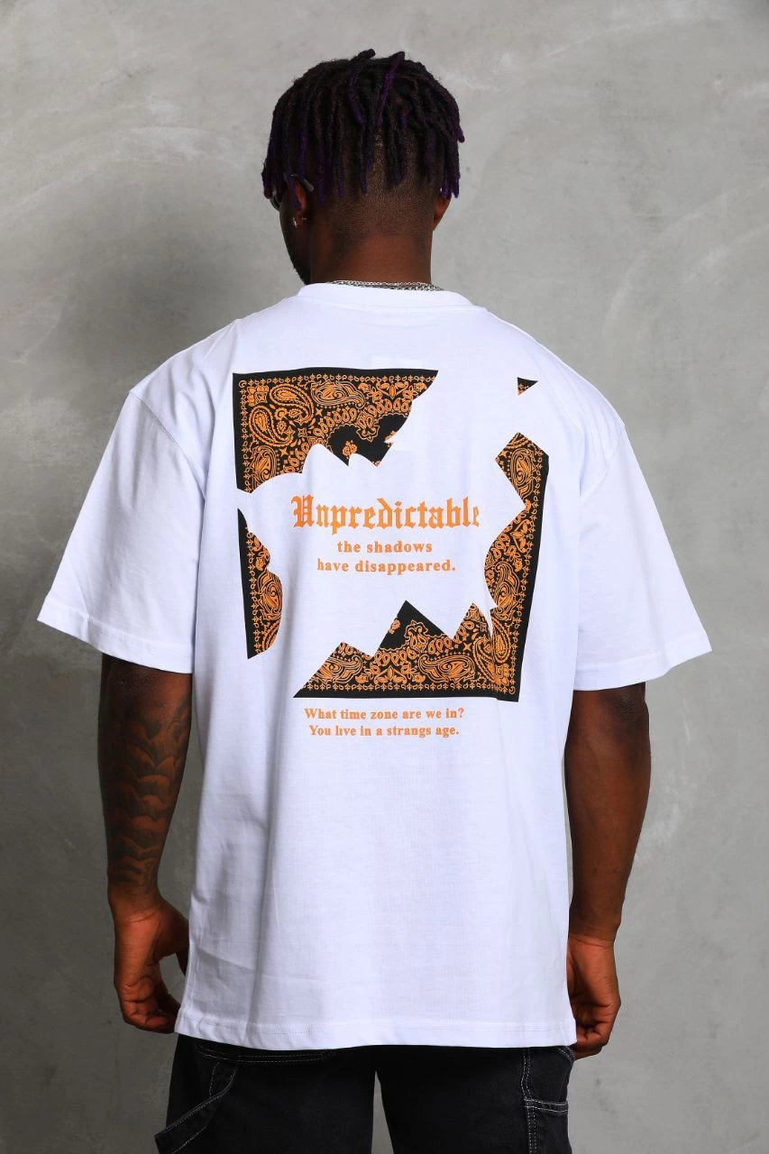 Erkek Baskılı Tişort Kısa Kol Bisiklet Yaka Ovarsize T-Shirt -  Beyaz