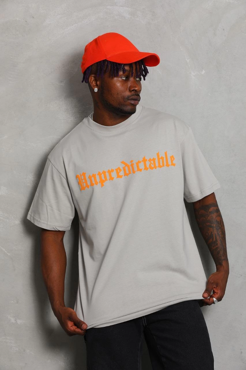Erkek Baskılı Tişort Kısa Kol Bisiklet Yaka Ovarsize T-Shirt -  Gri