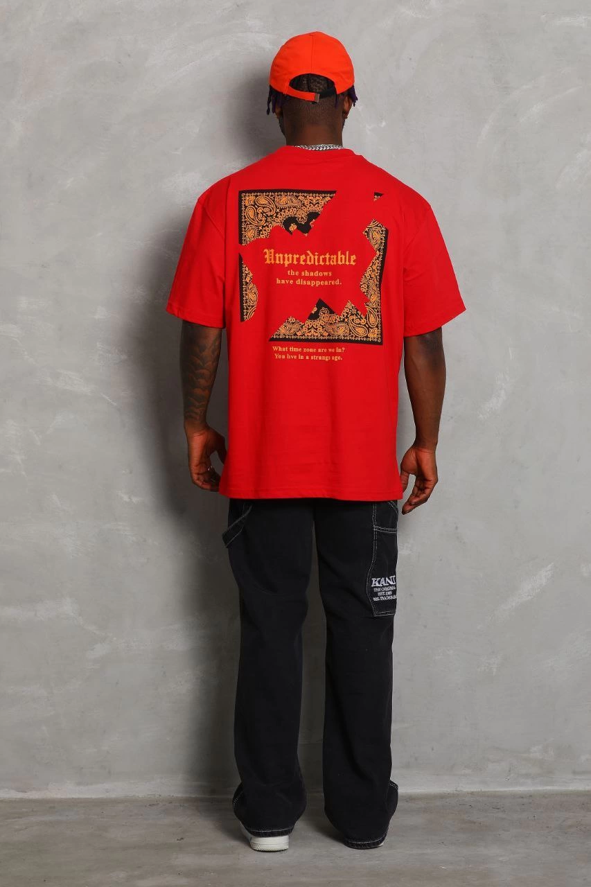 Erkek Baskılı Tişort Kısa Kol Bisiklet Yaka Ovarsize T-Shirt -  Kırmızı