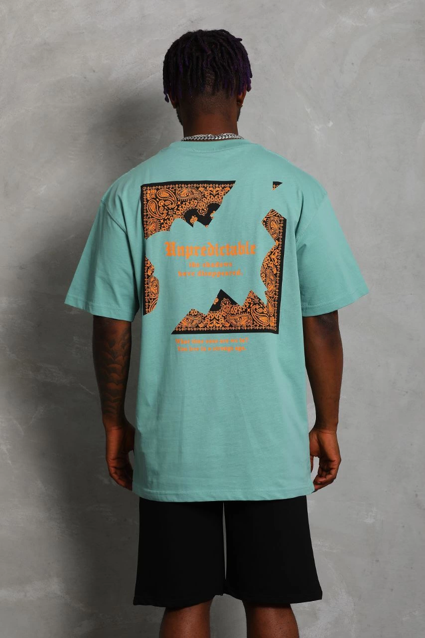 Erkek Baskılı Tişort Kısa Kol Bisiklet Yaka Ovarsize T-Shirt -  Mint Yeşili