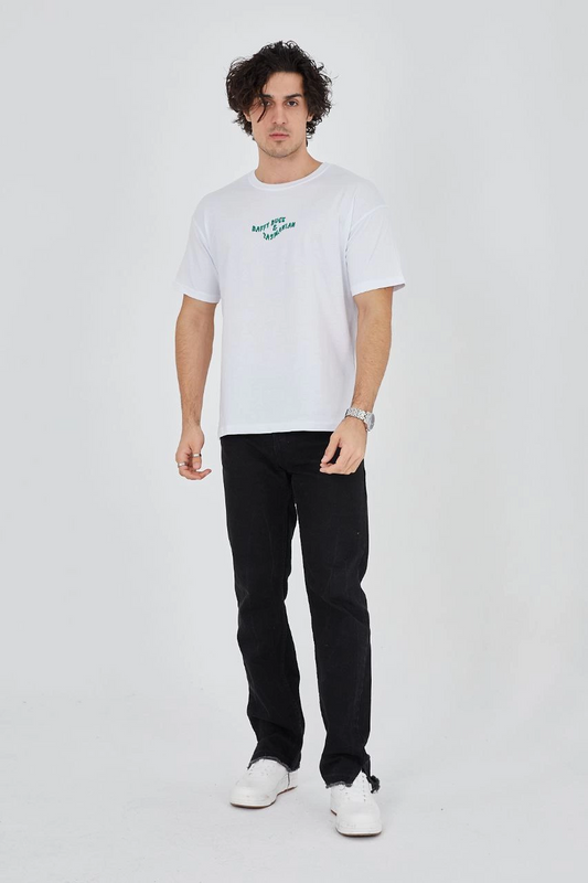 Erkek Baskılı T-Shirt Kısa Kol Bisiklet Yaka Regular Fit Rahat Kalıp Günlük Tişört - Beyaz