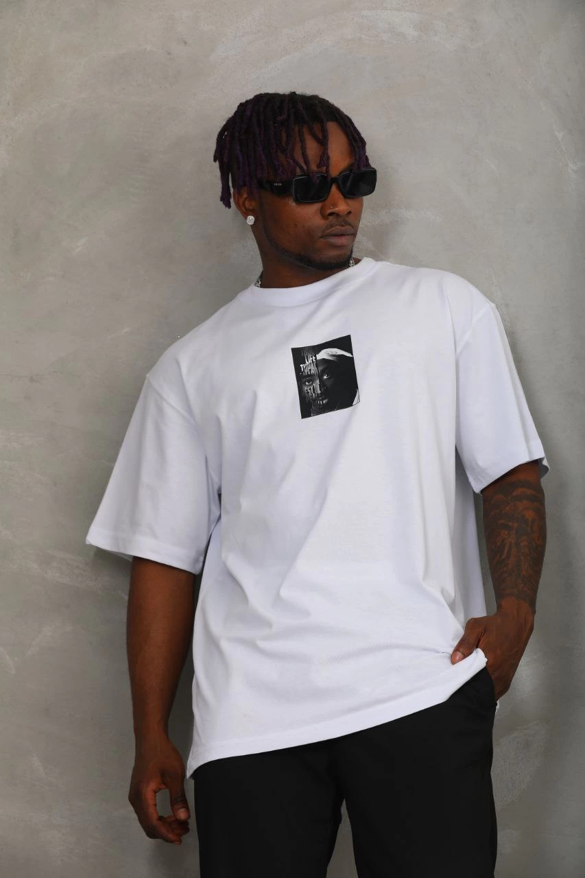 Erkek Kısa kol Baskılı Bisiklet Yaka T-Shirt - Beyaz