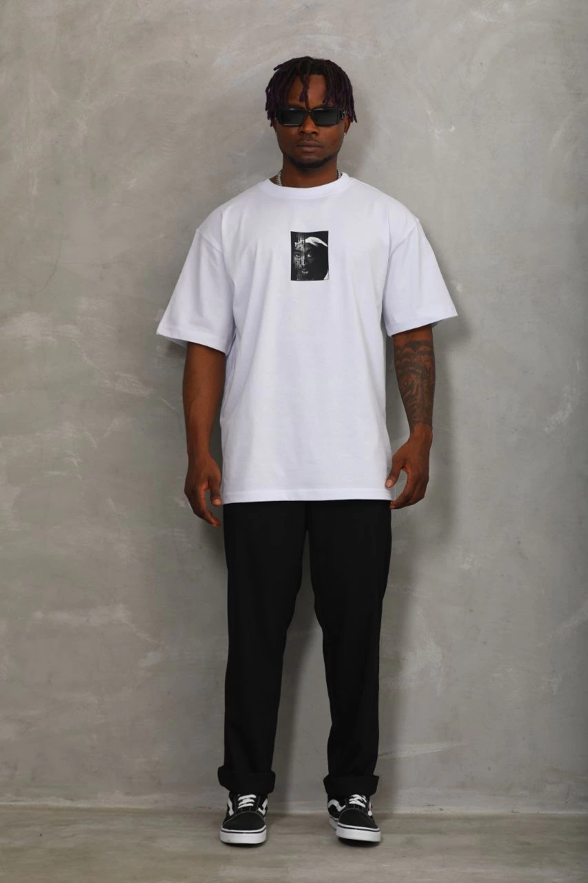 Erkek Kısa kol Baskılı Bisiklet Yaka T-Shirt - Beyaz