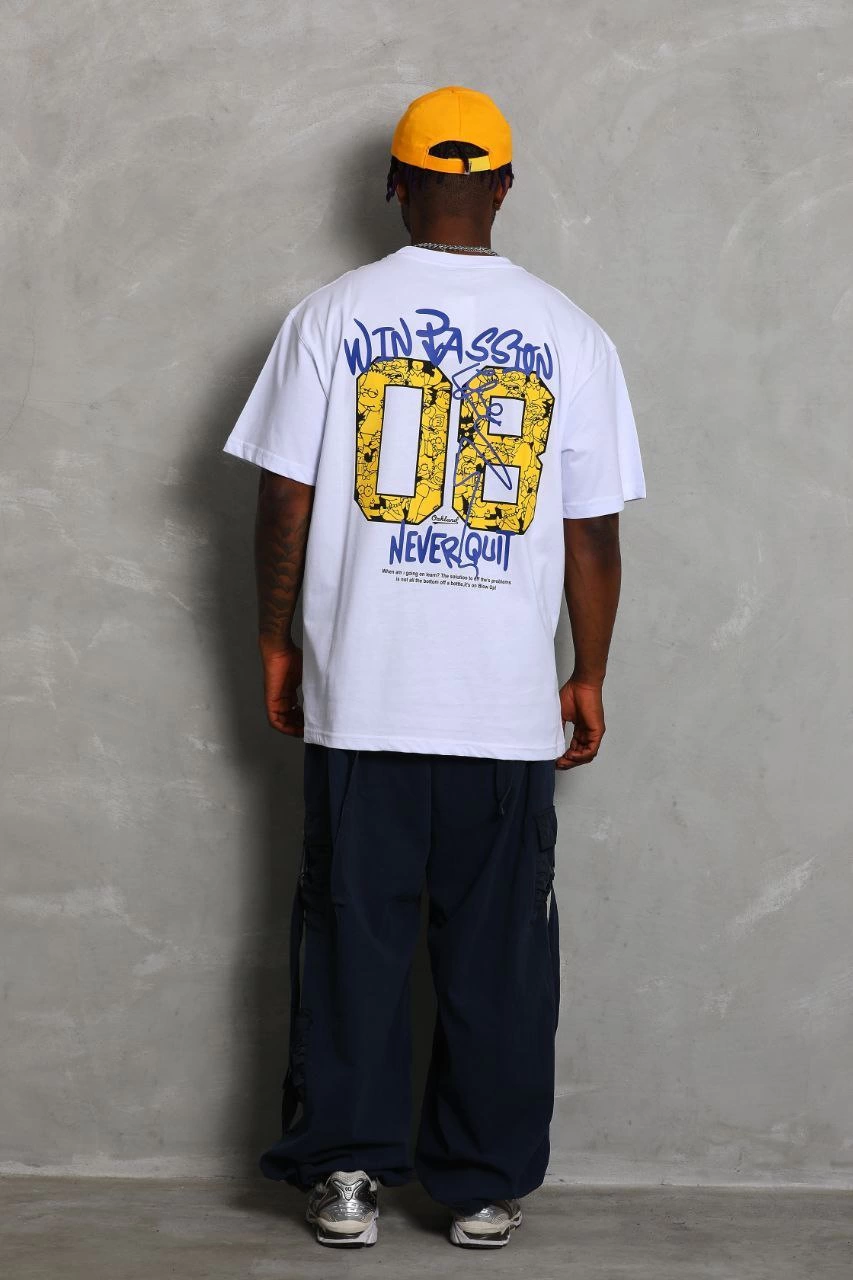 Erkek Baskılı Tişort Kısa Kol Bisiklet Yaka Ovarsize T-Shirt -  Beyaz