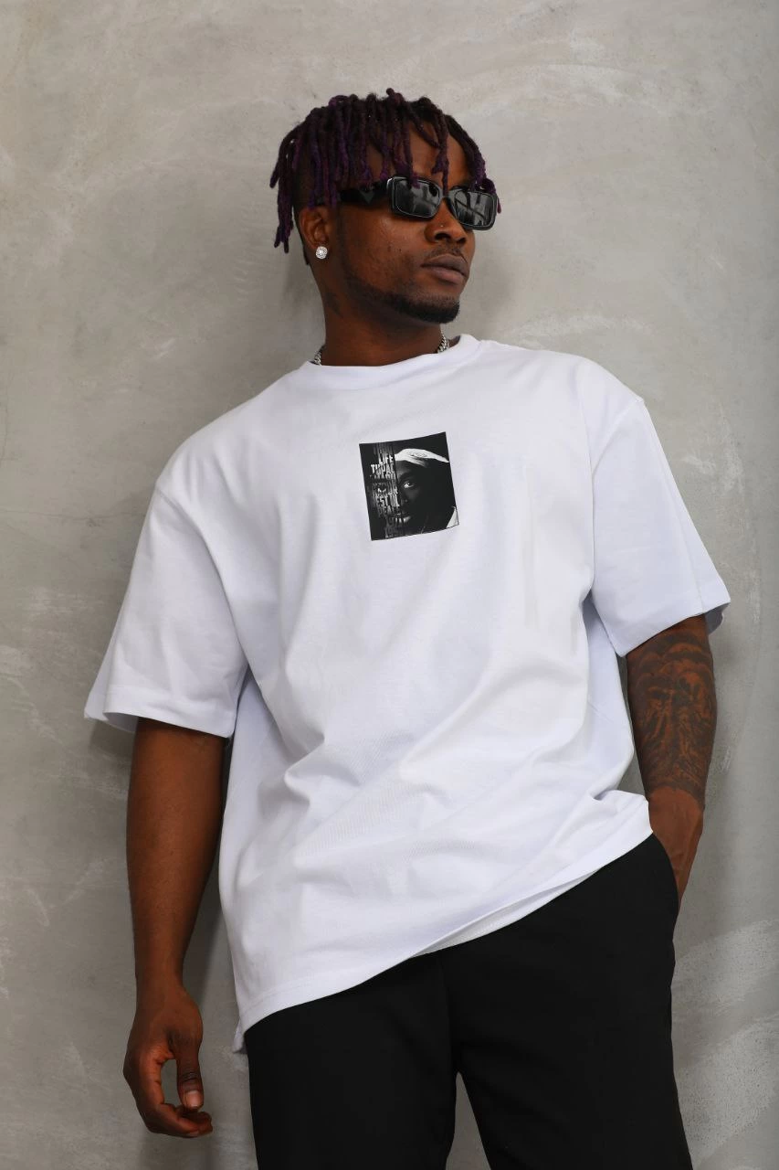 Erkek Kısa kol Baskılı Bisiklet Yaka T-Shirt - Beyaz
